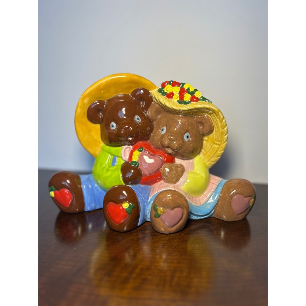 Vintage Ceramic Teddy Bear Couple Figurine Hearts Straw Hat Country Decor